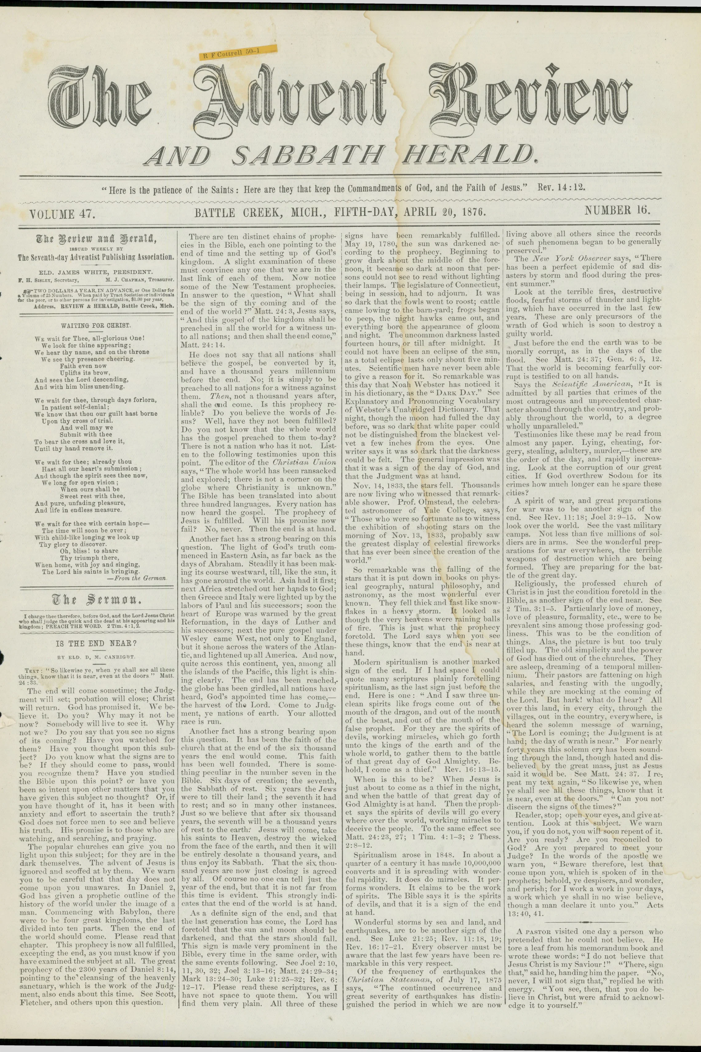 Review and Herald, Vol. 47, No. 16.