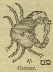 A crab surrounded by stars, with the Cancer zodiac symbol beneath it.