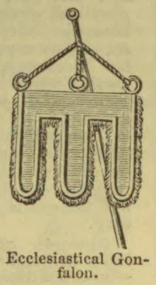 An ecclesiastical gonfalon with three hanging panels is suspended from a chain-supported frame.