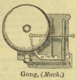 A mechanical gong with a large circular bell and a spring-driven striking mechanism.