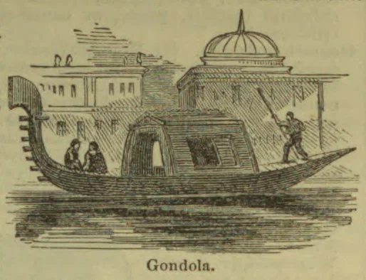 An engraving of a gondola carrying passengers on the water, with a standing boatman and buildings in the background.