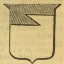 A shield with a cross-hatched band across the top that extends downward on the left to form a pointed, stepped edge.