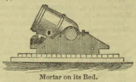 A mortar mounted on its bed, resting on a platform.