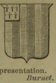 A heraldic shield divided into patterned sections, with three cross-like charges in the upper-left section.