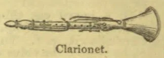 An old-fashioned clarionet with a flared bell and several keys is shown horizontally.