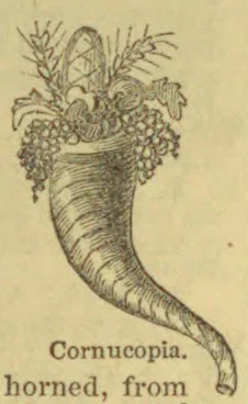 An ornate cornucopia, shaped like a curved horn and overflowing with fruit, foliage, and wheat stalks.