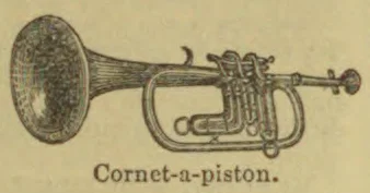 An engraved illustration of a cornet-à-piston, a brass wind instrument with a flared bell and valves.