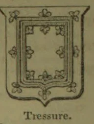 A heraldic shield bearing an ornate double tressure with floral ornaments.