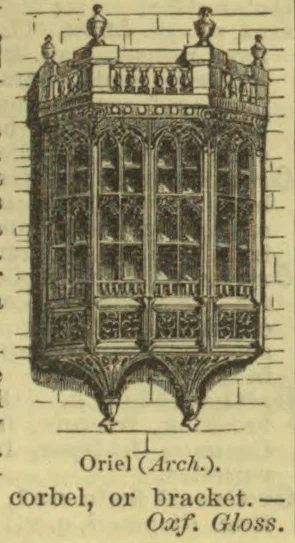 An ornate projecting oriel window with a small balustraded balcony above it.