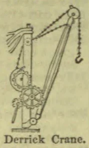 A line drawing of a derrick crane with its cables, pulleys, and hanging hook.