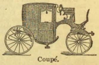 A horse-drawn coupé carriage with two large spoked wheels.