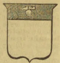A heraldic shield with a crosshatched upper section containing a small central emblem.