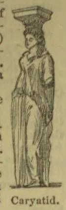 A draped female figure supports an architectural capital on her head.