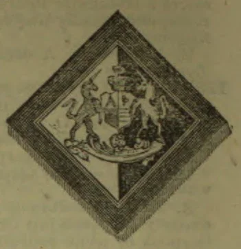 A heraldic coat of arms with a divided shield, two animal supporters, and a crest, shown within a diamond-shaped frame.