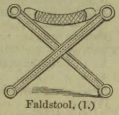 A folding stool with crossed legs and a curved seat.