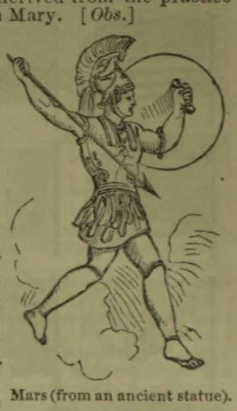 An ancient statue depicts Mars wearing a helmet and armor, holding a spear and shield.
