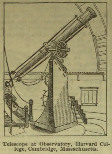An illustration of a large telescope mounted on a support inside an observatory.