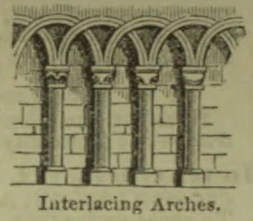 An architectural drawing of a row of interlacing stone arches supported by columns.