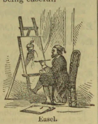 A seated artist paints a portrait at an easel.