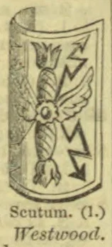 A shield bearing a winged insect and several zigzag motifs.
