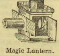 An antique magic lantern projector with a projecting lens and an open upper housing.