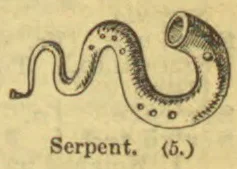 A curled, patterned serpent with its mouth open.