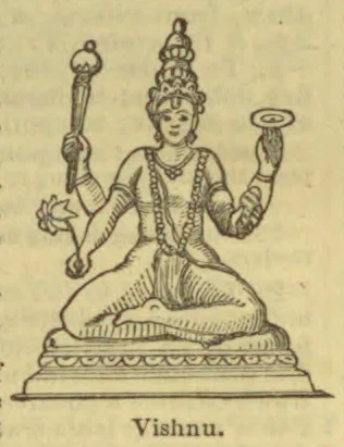 A drawing of Vishnu seated cross-legged on a pedestal, holding symbolic objects in his four hands.