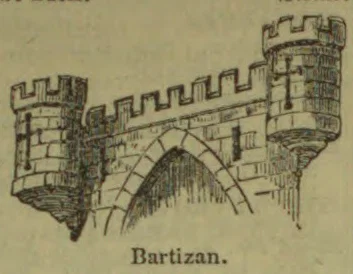 A stone castle wall with battlements and two round towers spans a pointed arch.