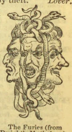 A central face is surrounded by several profile faces and entwined serpents.