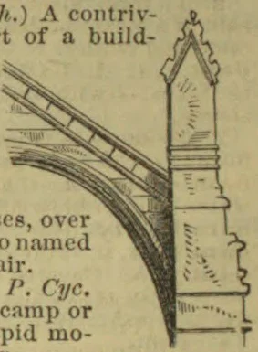 A stone arch bridge or elevated walkway meets a tall, ornamented masonry tower.