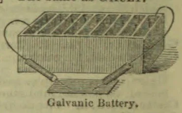 An illustration of a galvanic battery with connecting wires and plates.