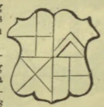 A shield-shaped outline is divided into several geometric sections by horizontal, vertical, and diagonal lines.