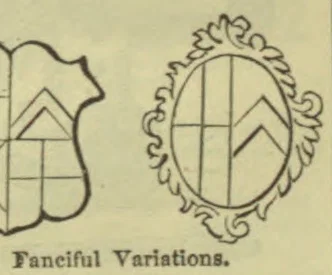 Two fanciful variations of a shield bearing geometric designs, one with an ornate oval frame.