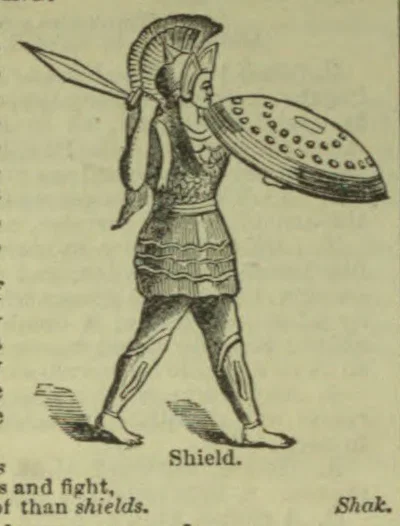 An armored soldier wearing a helmet holds a sword and a large shield.