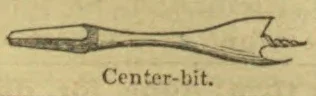 A drawing of a center bit, a woodworking drill with a broad cutting head and curved shank.