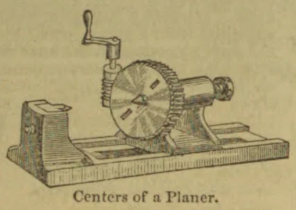 An antique mechanical illustration of a planer’s centers, showing a hand-cranked circular gear mounted on a base.