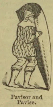 An armored man stands holding a large pavise shield.