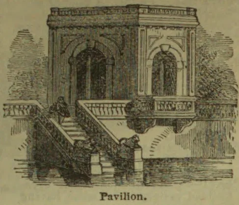 An ornate pavilion with arched openings, a raised platform, and a staircase leading down to the foreground.