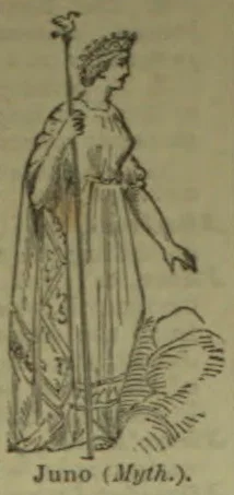 Juno stands holding a scepter beside a peacock.