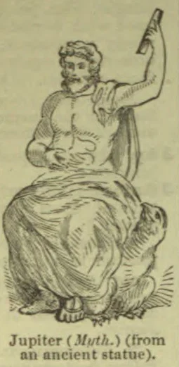 A seated statue of Jupiter holds a thunderbolt aloft, with an eagle beside him.