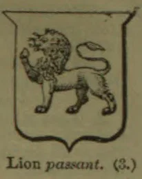 A heraldic lion passant, walking with one forepaw raised and its tail curled over its back.