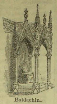 An ornate Gothic baldachin with pointed arches and pinnacles shelters a raised tomb or altar.