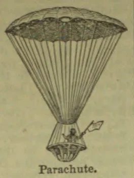 An illustration of a person descending in a parachute.