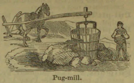 A horse turns a pug mill while a person stands beside it.