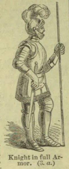 A knight in full armor stands holding a long spear.