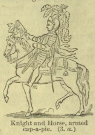 A knight in full armor rides a horse, holding a raised weapon and reins.