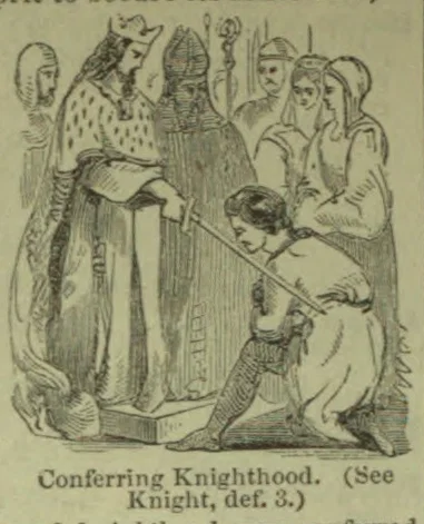 A king ceremonially confers knighthood by touching a kneeling man with a sword while attendants look on.