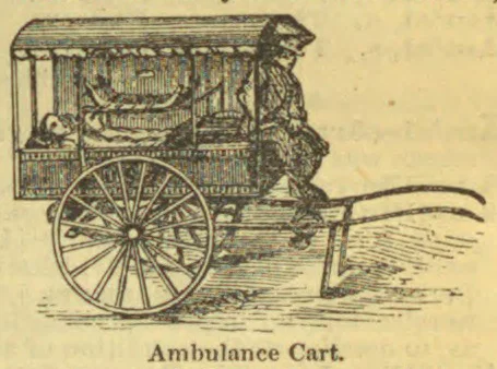An ambulance cart with large spoked wheels and a covered compartment is shown in profile.