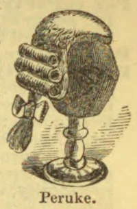 An illustration of a powdered wig with side curls and a tied queue, displayed on a stand.