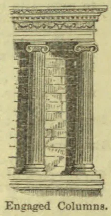 An architectural engraving of two engaged columns supporting an ornate entablature, with masonry visible between them.